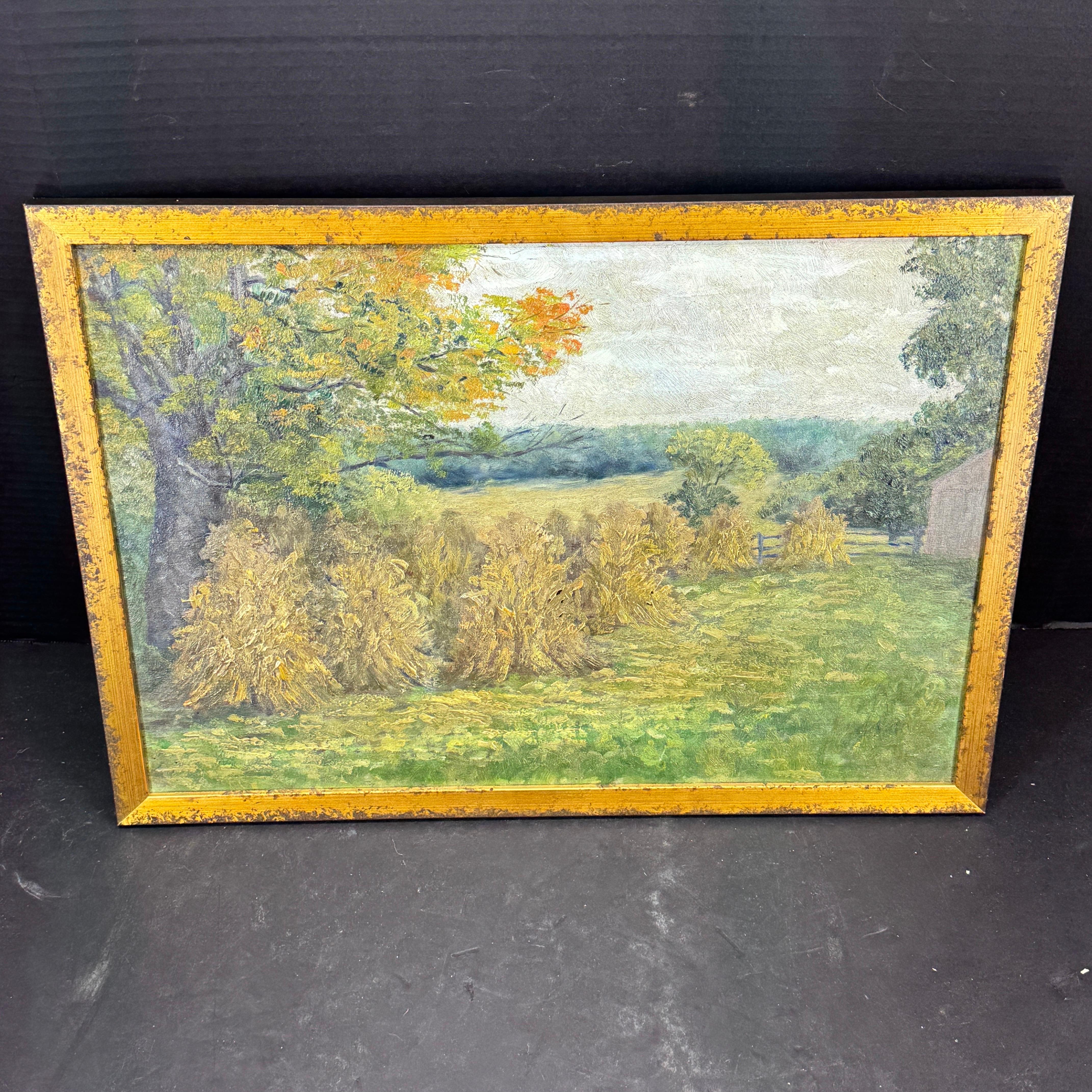 Early 20th Century Framed Landscape with Haystacks, France

A beautiful European painting on board depicting a bucolic landscape with haystacks at the forefront. Lush green landscape with trees, a split rail fence and a quaint house has been