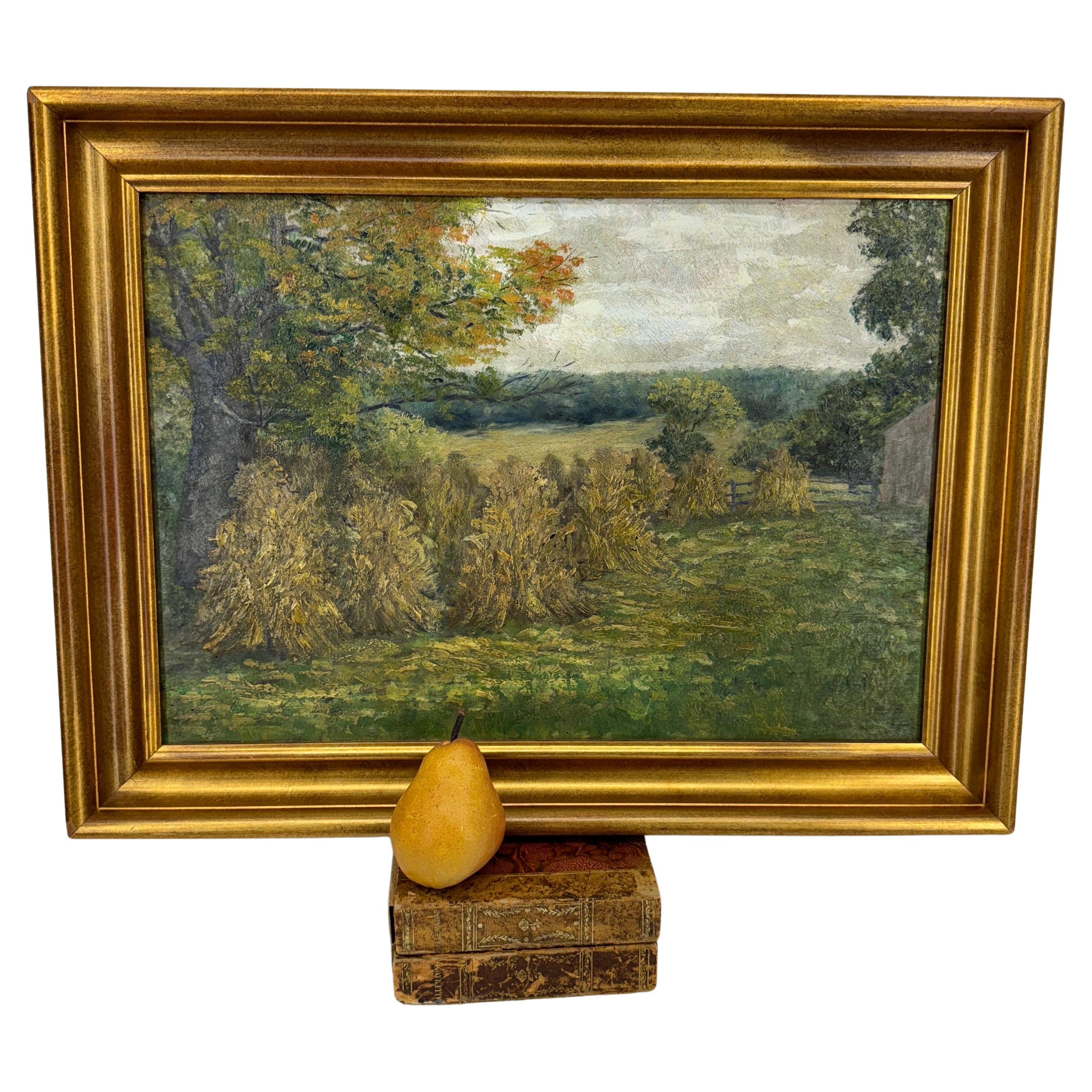 Early 20th Century Framed Landscape with Haystacks, France

A beautiful European painting on board depicting a bucolic landscape with haystacks at the forefront. Lush green landscape with trees, a split rail fence and a quaint house has been