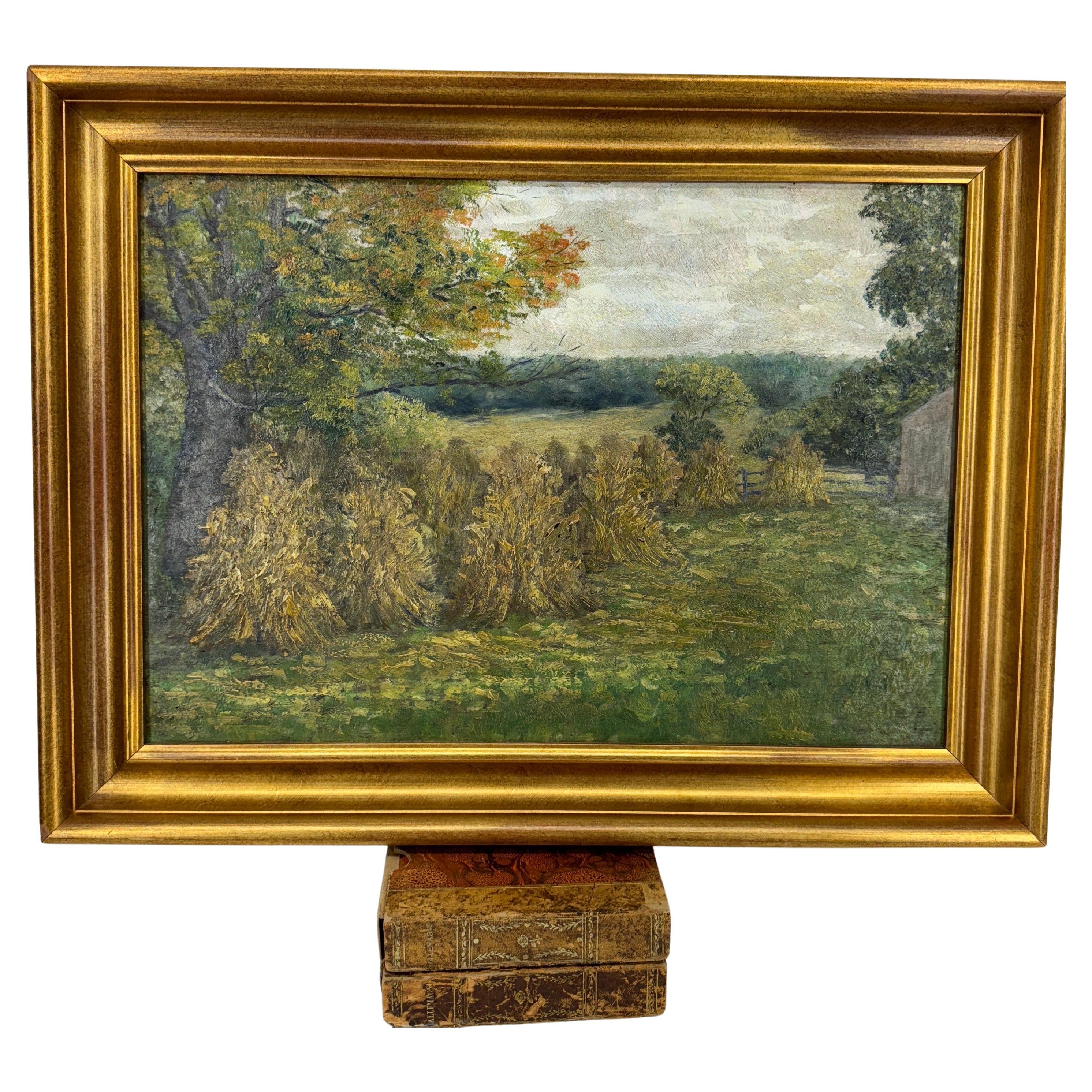 Romantic French Haystack Field Landscape Oil Painting Framed, Early 20th Century For Sale