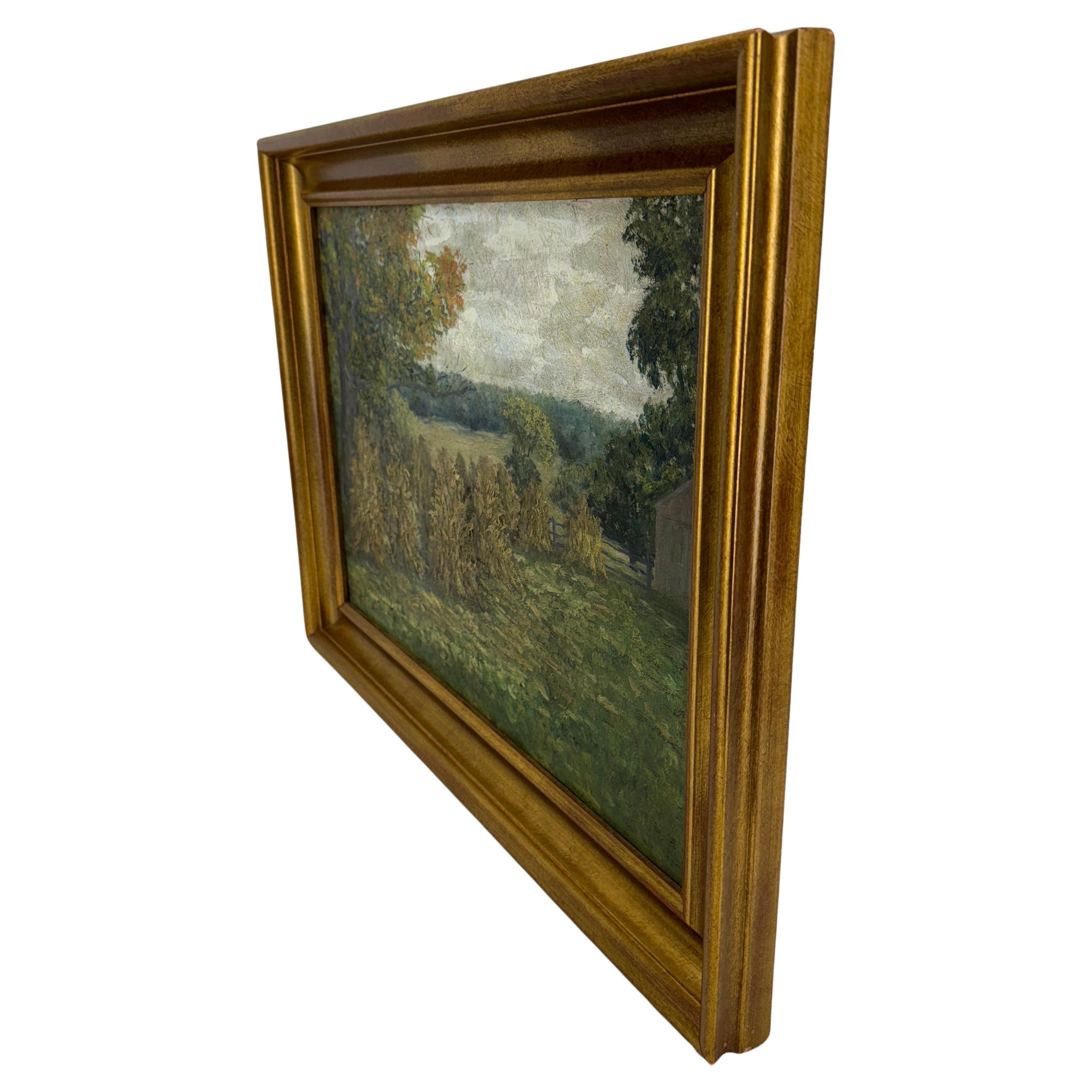 Français Peinture à l'huile française d'un paysage de champ de Haystack encadrée, début du 20e siècle en vente