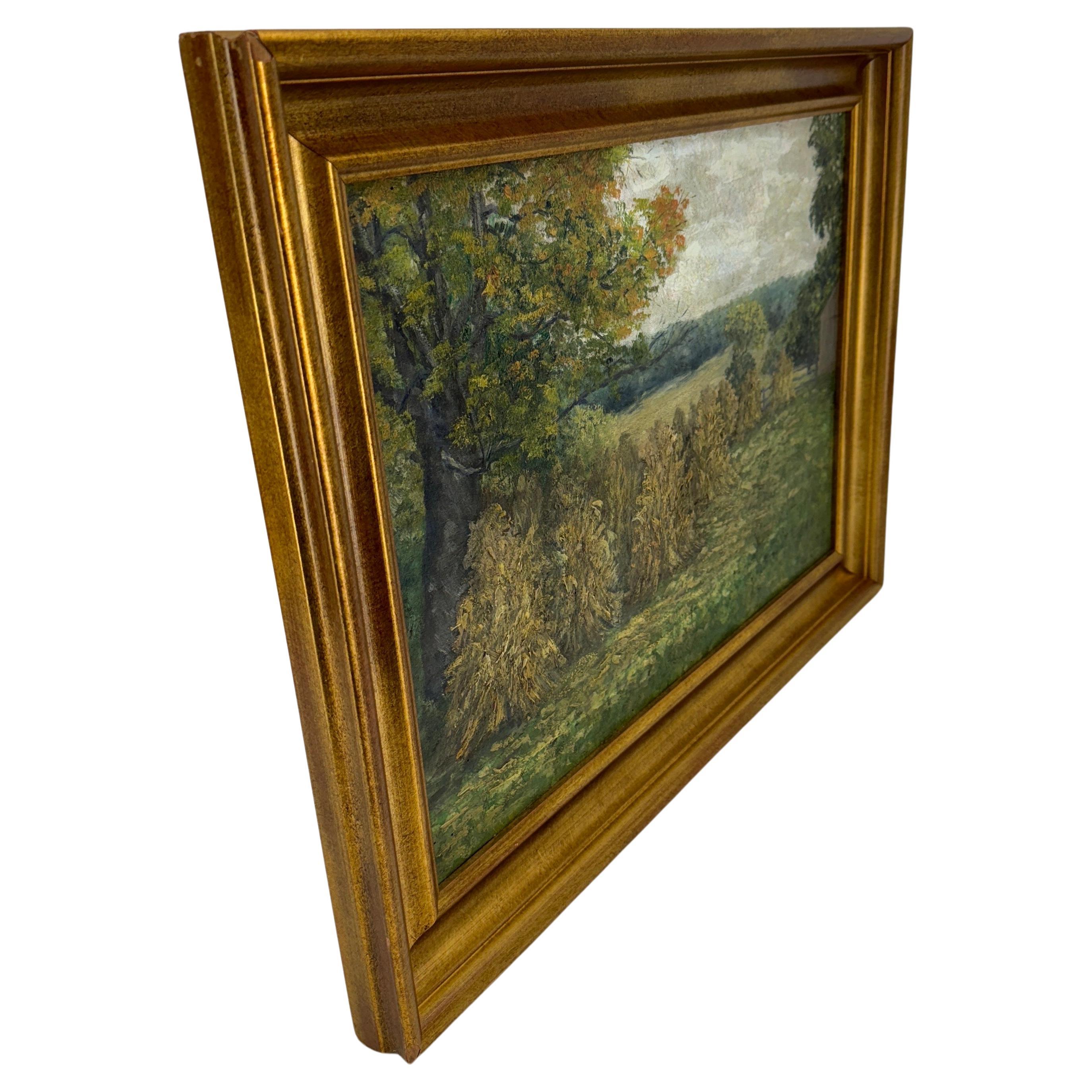 French Haystack Field Landscape Oil Painting Framed, Early 20th Century In Good Condition For Sale In Haddonfield, NJ