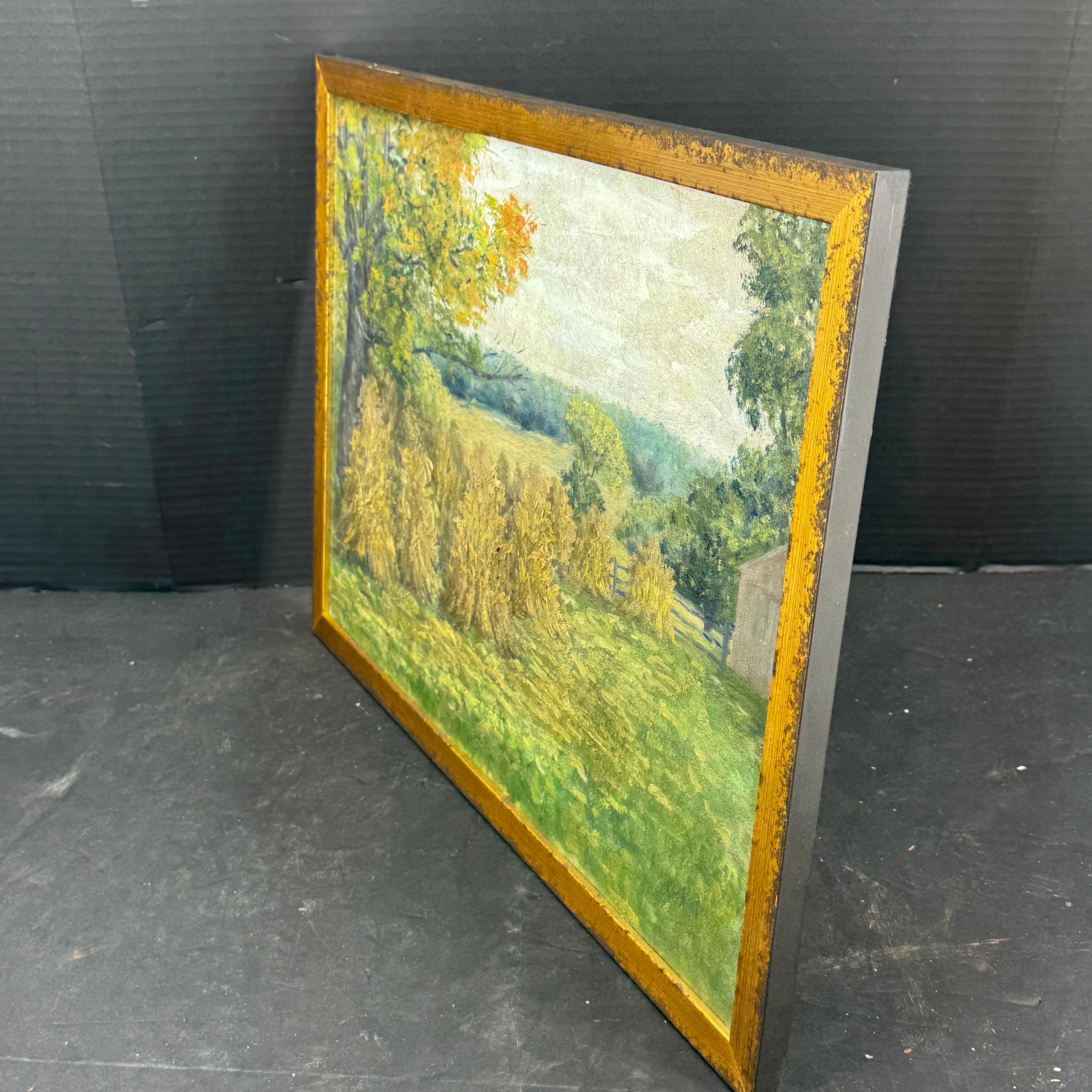 Wood French Haystack Field Landscape Oil Painting Framed, Early 20th Century For Sale