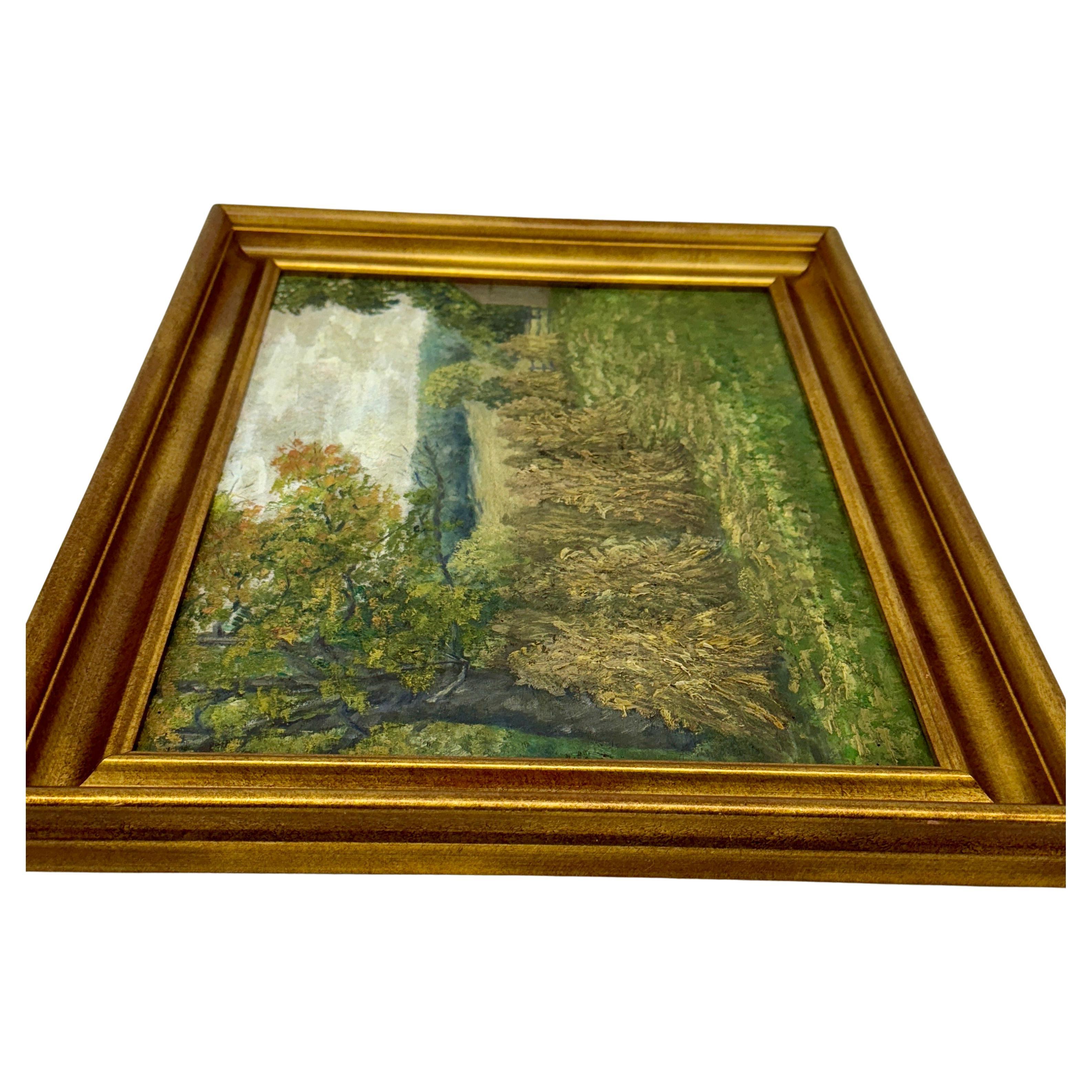 Wood French Haystack Field Landscape Oil Painting Framed, Early 20th Century For Sale