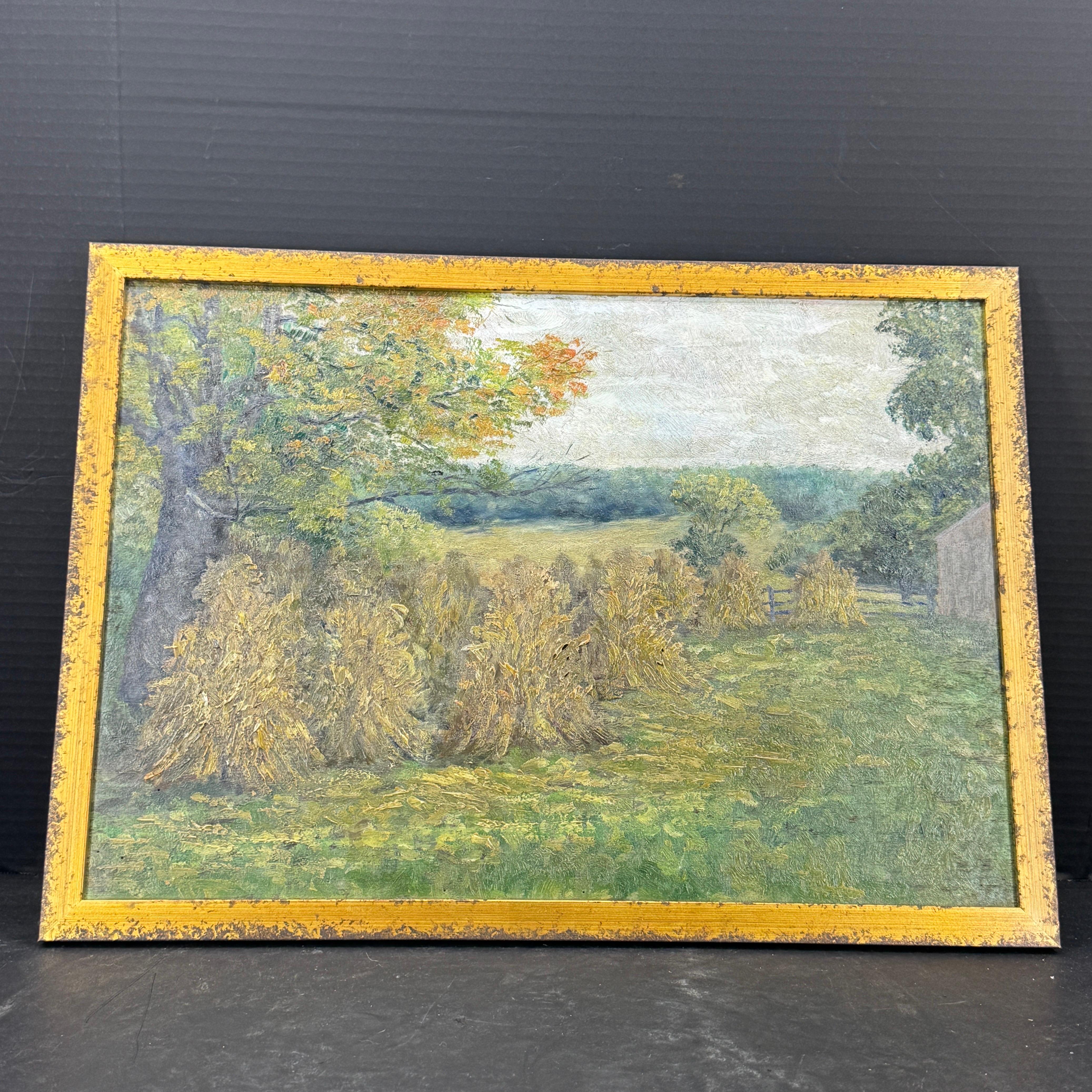 French Haystack Field Landscape Oil Painting Framed, Early 20th Century For Sale 1