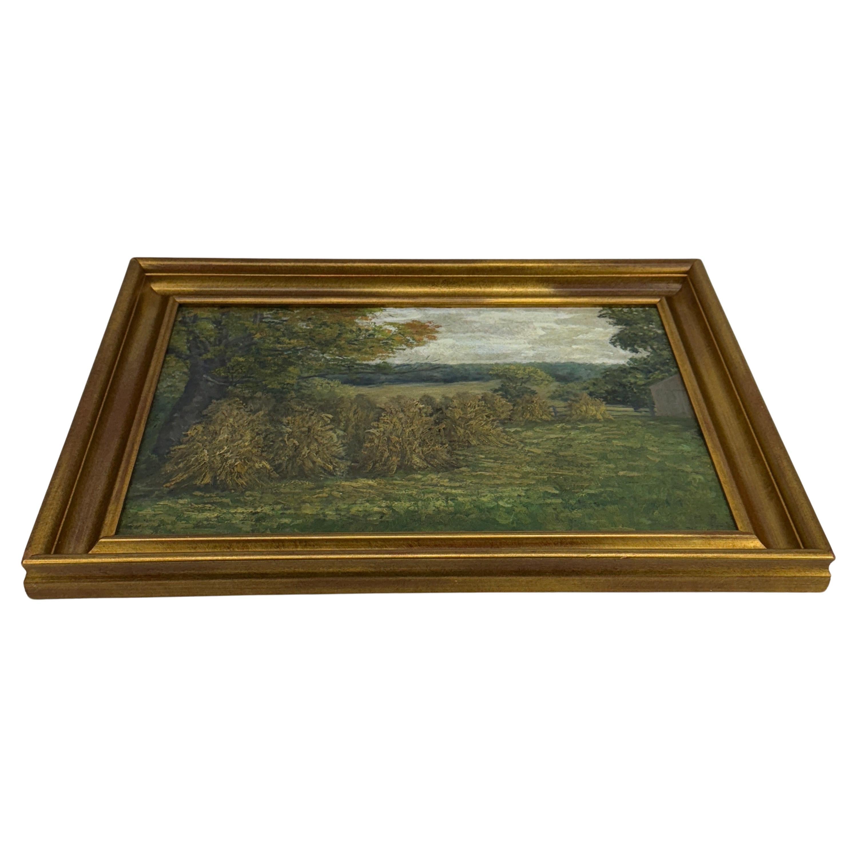 20ième siècle Peinture à l'huile française d'un paysage de champ de Haystack encadrée, début du 20e siècle en vente