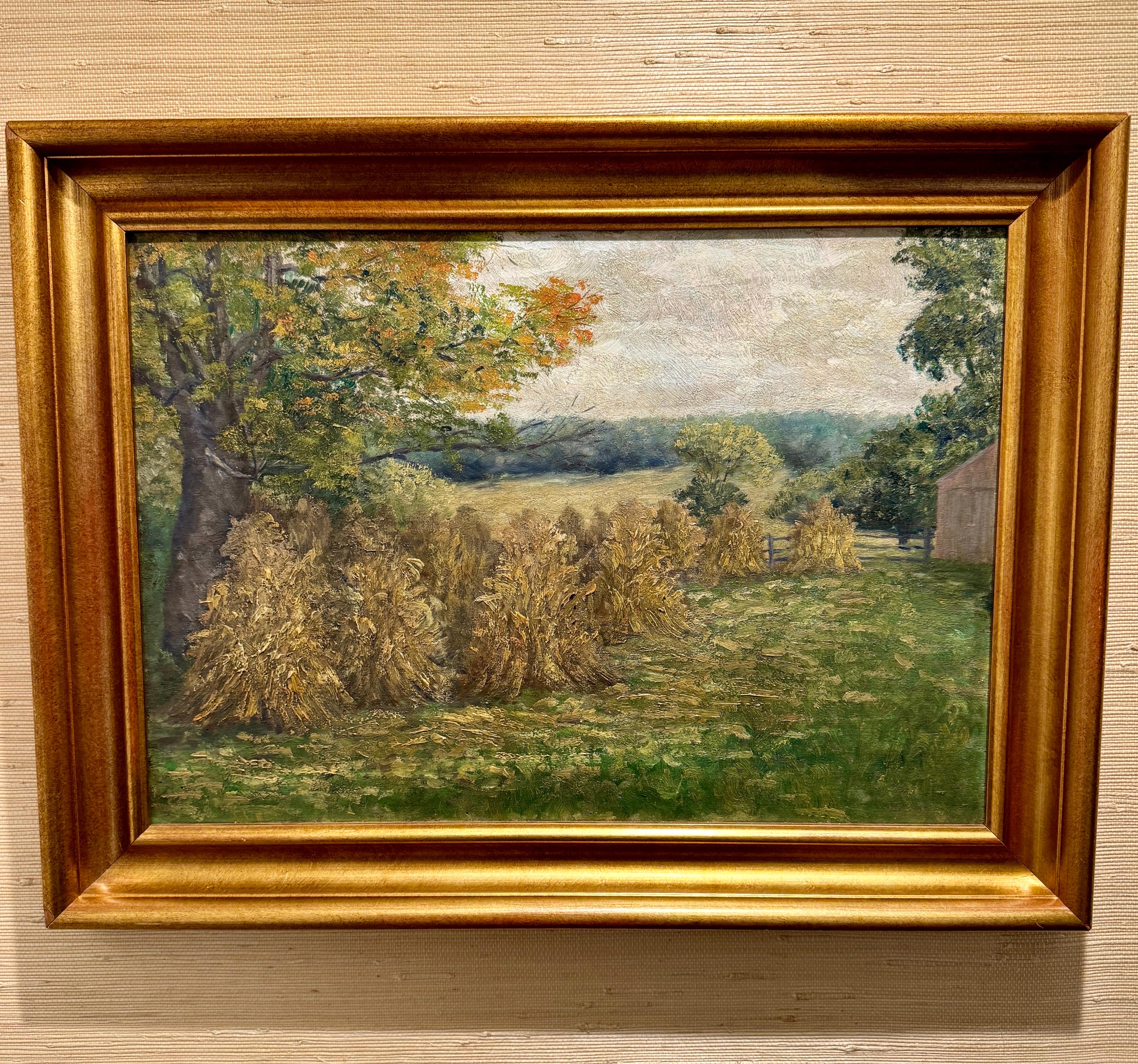 Bois Peinture à l'huile française d'un paysage de champ de Haystack encadrée, début du 20e siècle en vente