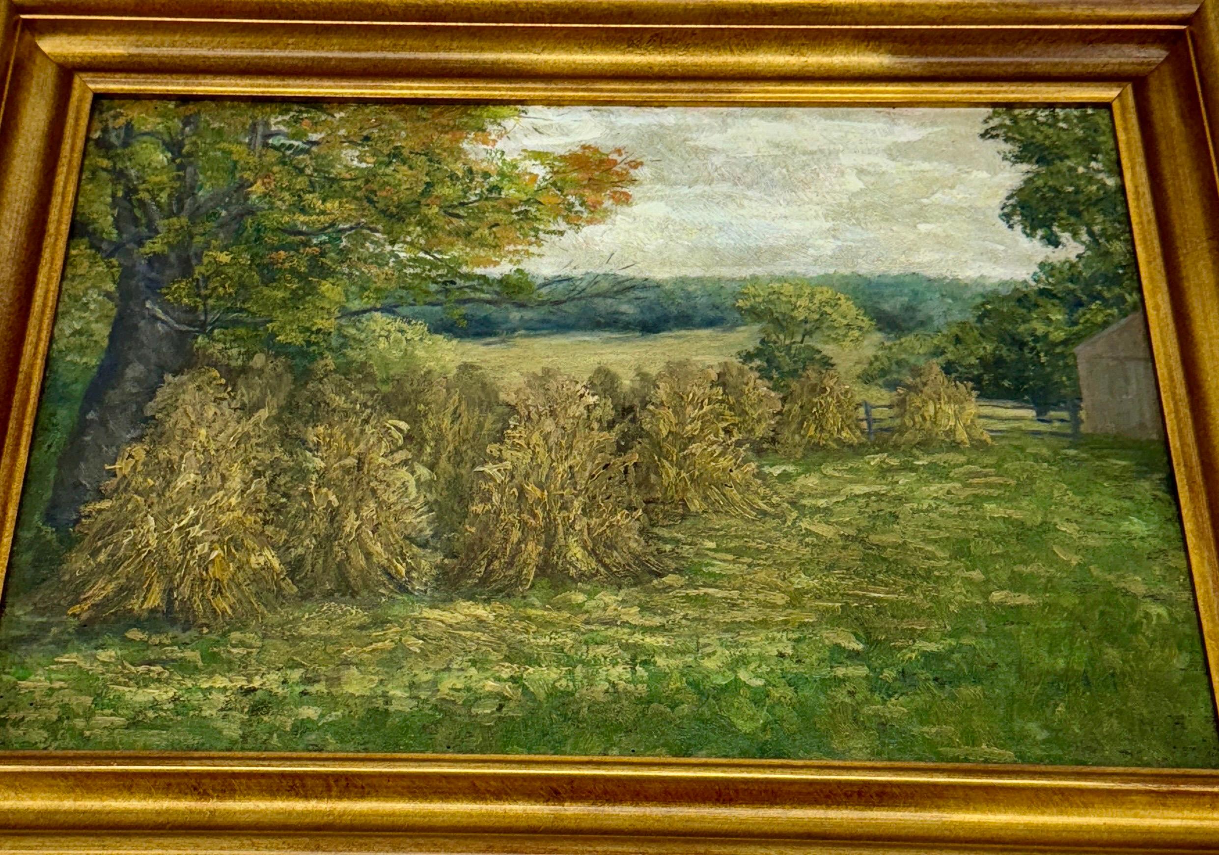French Haystack Field Landscape Oil Painting Framed, Early 20th Century For Sale 3