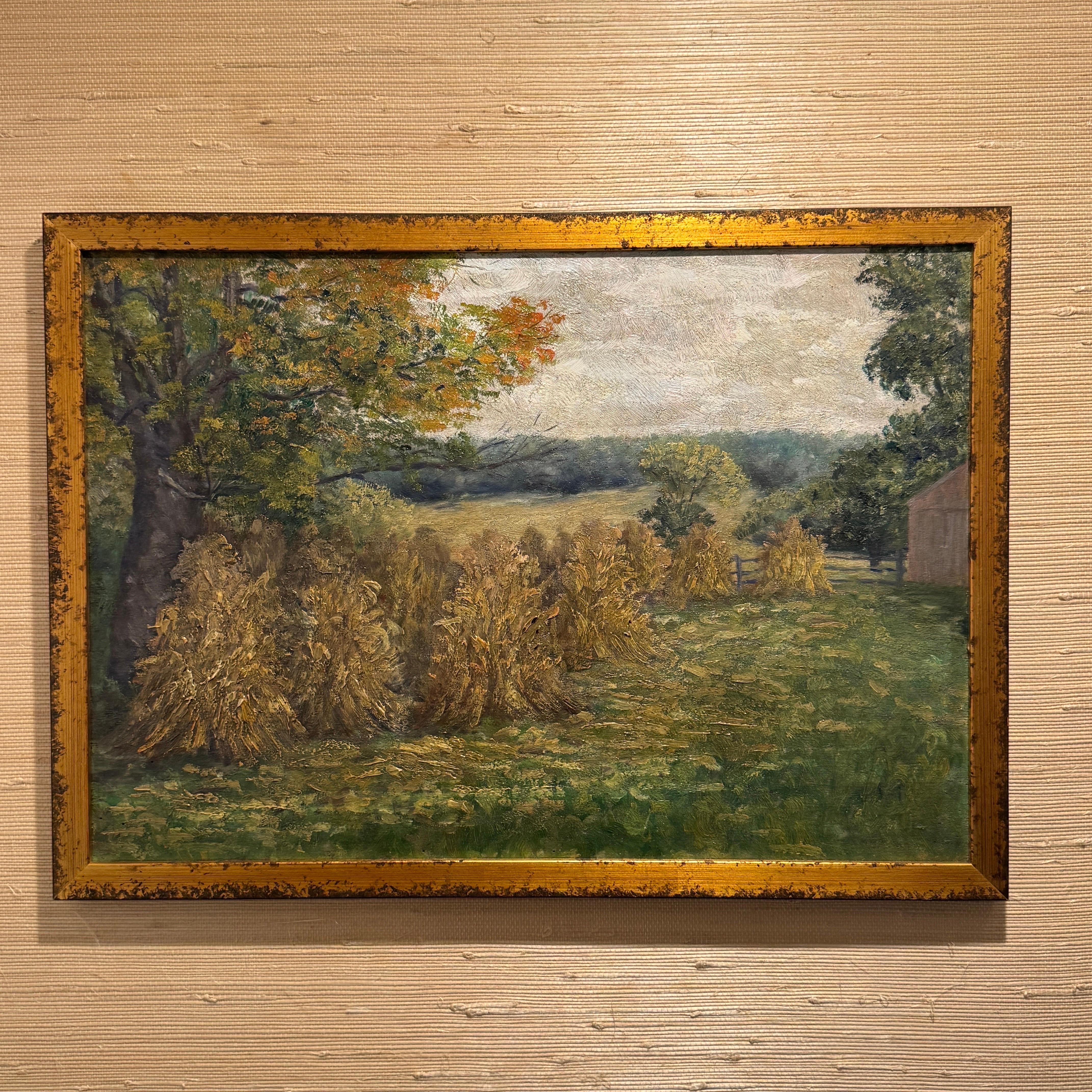 French Haystack Field Landscape Oil Painting Framed, Early 20th Century For Sale 3