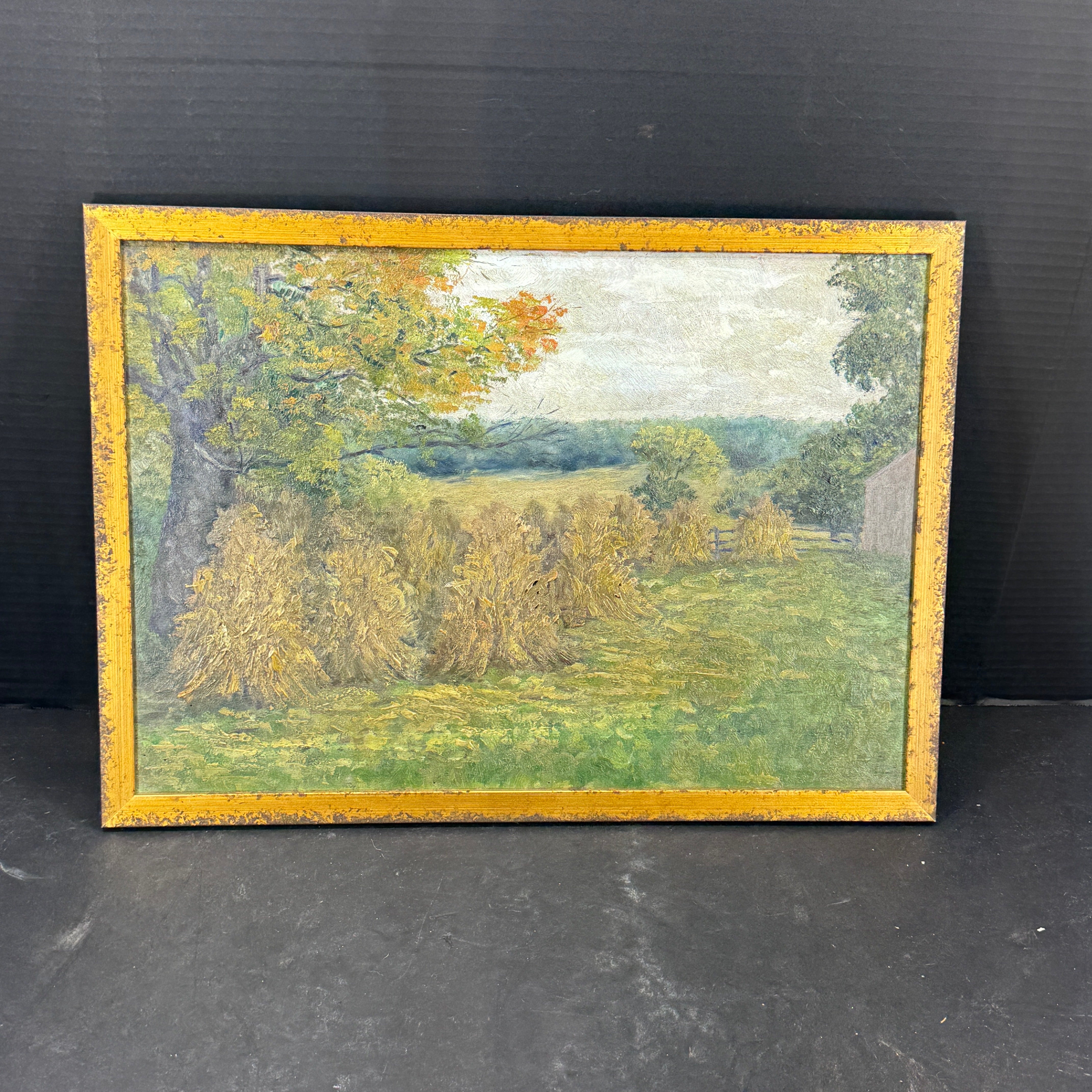 Peinture à l'huile française d'un paysage de champ de Haystack encadrée, début du 20e siècle