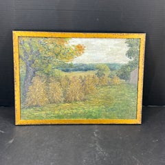 Pintura al óleo francesa Paisaje del campo de pajares Enmarcada, principios del siglo XX