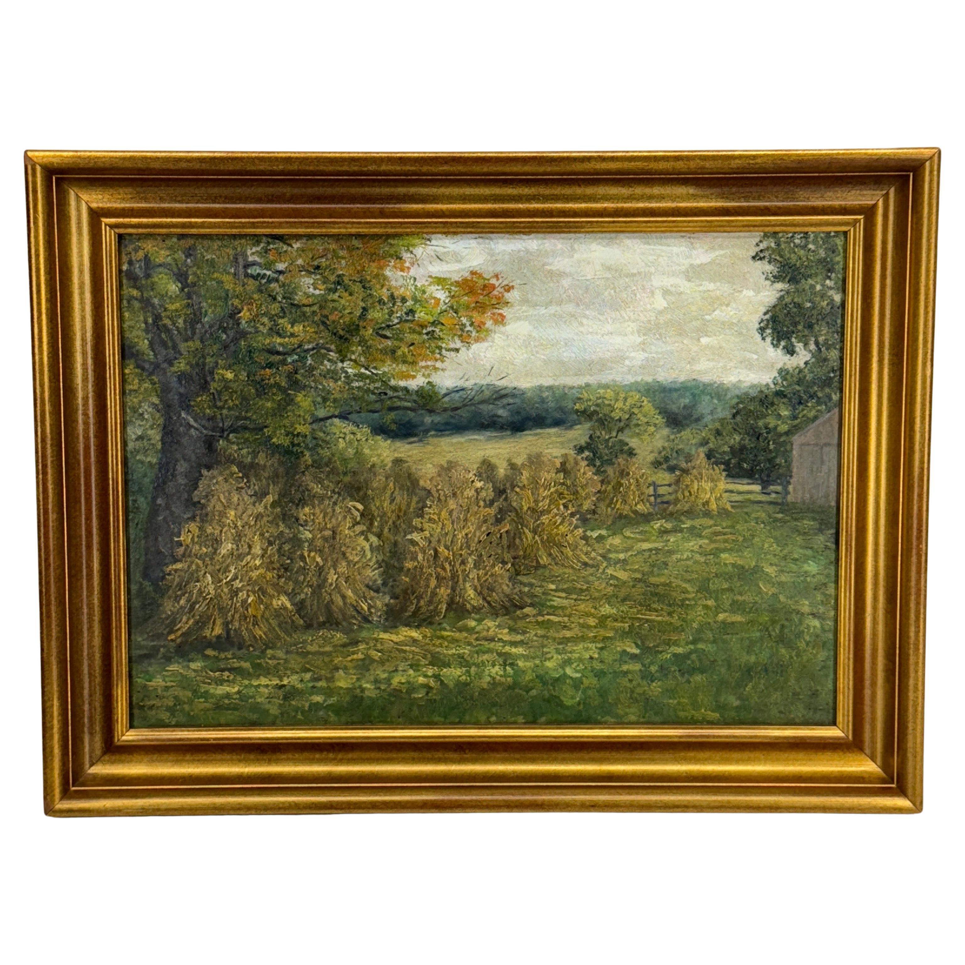 Peinture à l'huile française d'un paysage de champ de Haystack encadrée, début du 20e siècle en vente