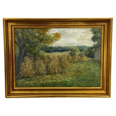 Used French Haystack Field Landscape Oil Painting Framed, Early 20th Century