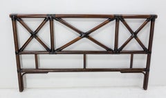 French Headboard Rattan and Leather Queen Size, Mid-Century