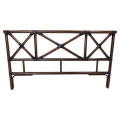 French Headboard Rattan and Leather Queen Size, Mid-Century
