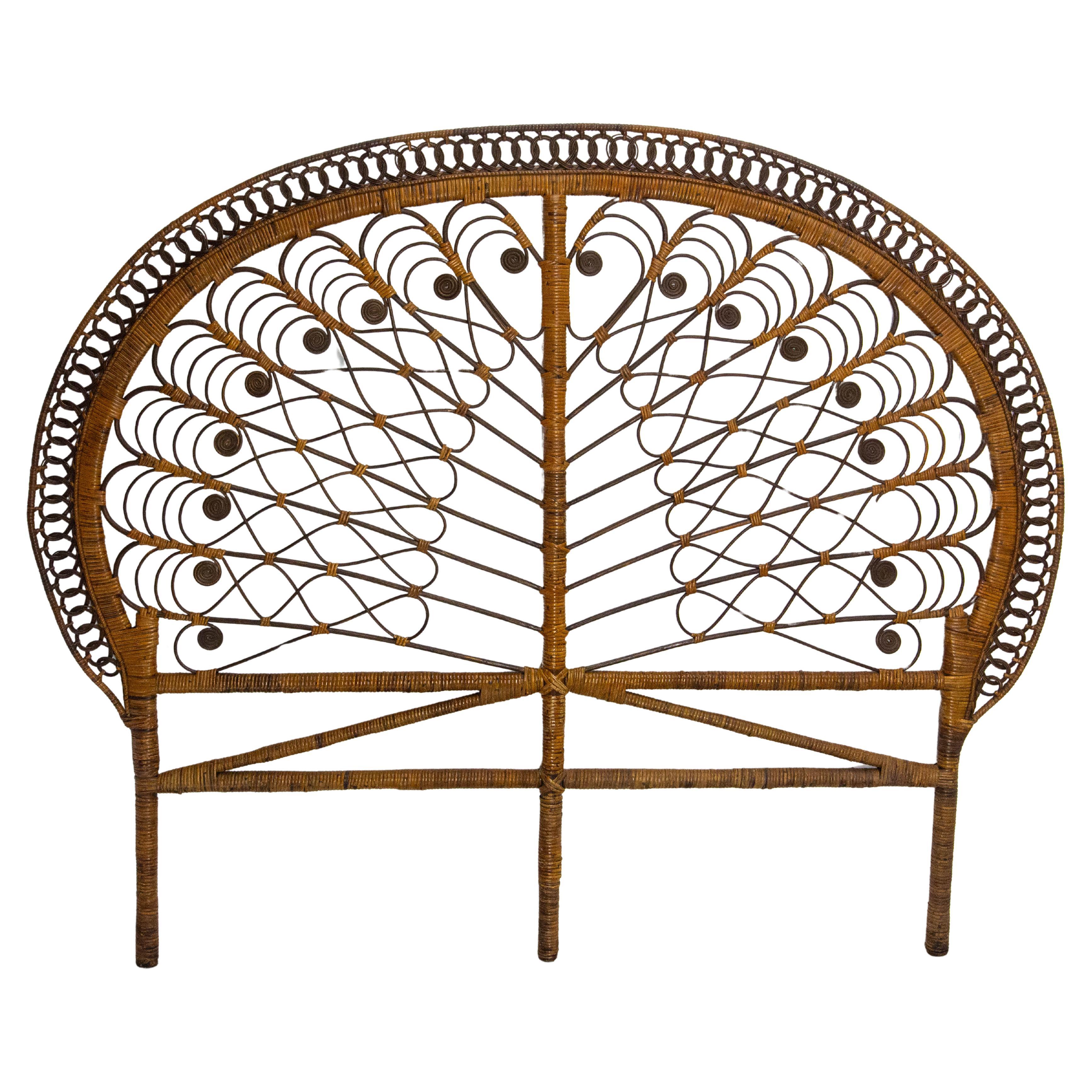 French Headboard Rattan and Wicker Queen Size, Midcentury