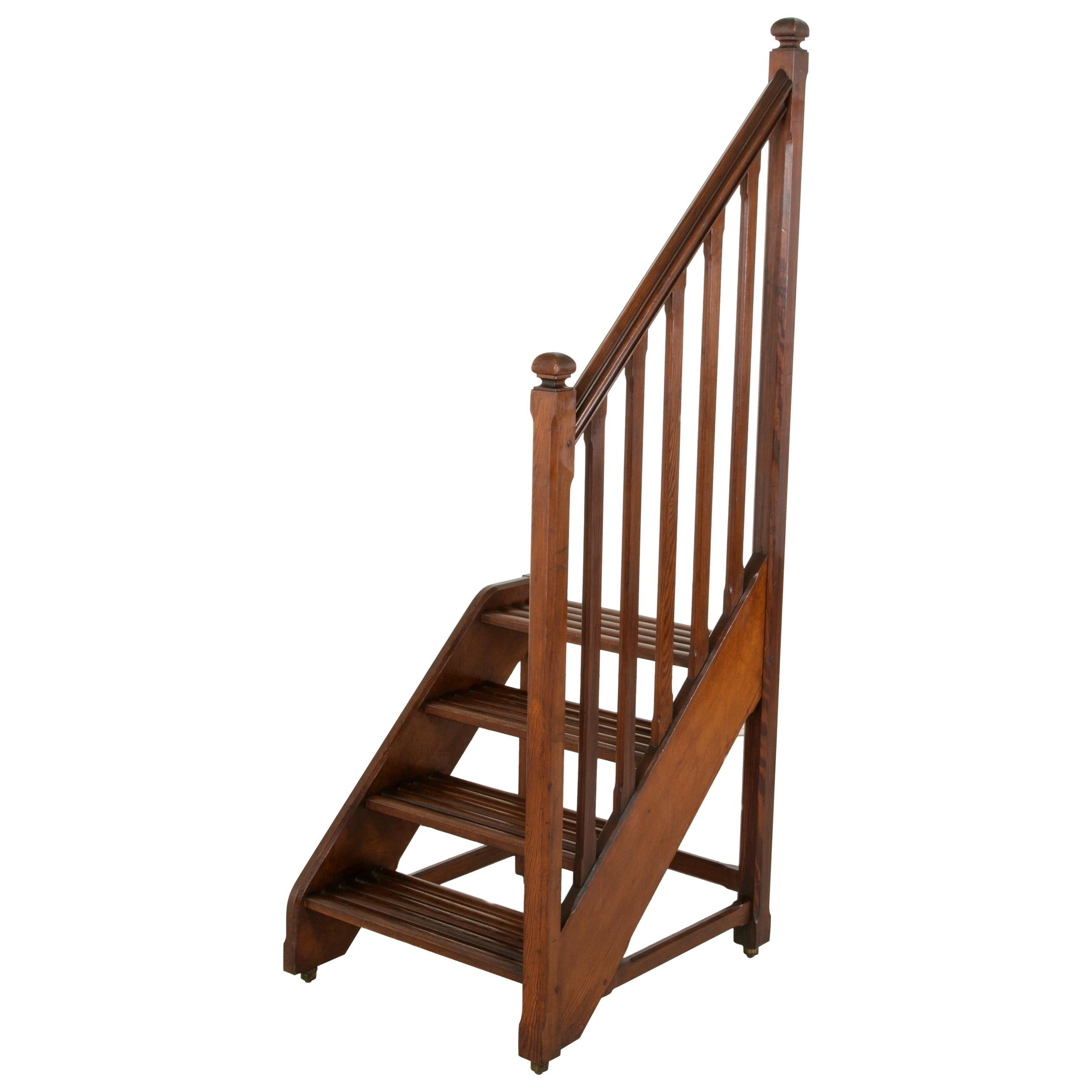 French Heart Pine Library Steps or Ladder on Castors with Hand Rail, circa 1900