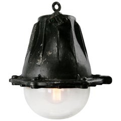 French Heavy Black Cast Iron Vintage Industrial Clear Glass Pendant Lamps
