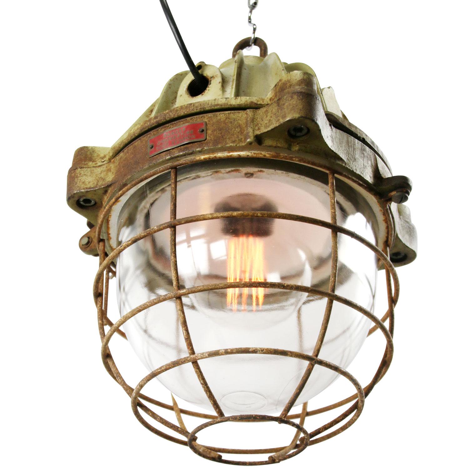 French Heavy Brown Cast Iron Vintage Industrial Clear Glass Pendant Lamp In Good Condition In Amsterdam, NL
