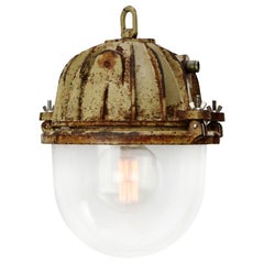 French Heavy Brown Cast Iron Vintage Industrial Clear Glass Pendant Lamp