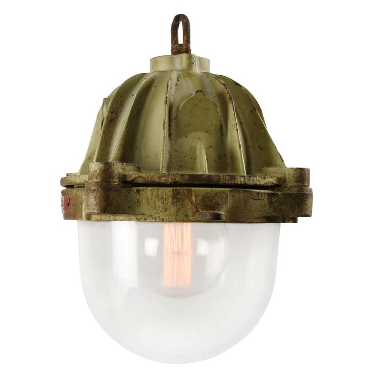 French Heavy Brown Cast Iron Vintage Industrial Clear Glass Pendant Lamp For Sale