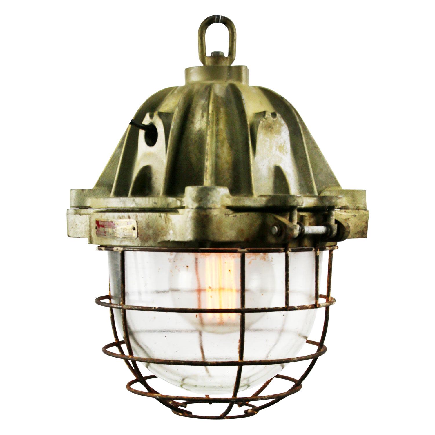 French Heavy Brown Cast Iron Vintage Industrial Clear Glass Pendant Lamp