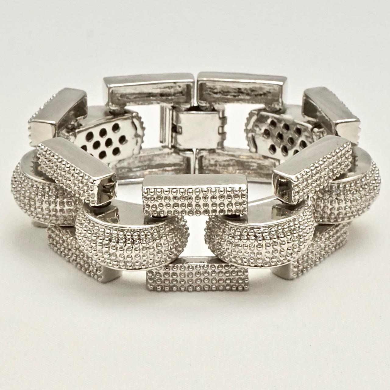 French Heavy Silver Tone Tank Style Link Bracelet with Dome Decoration In Good Condition For Sale In London, GB