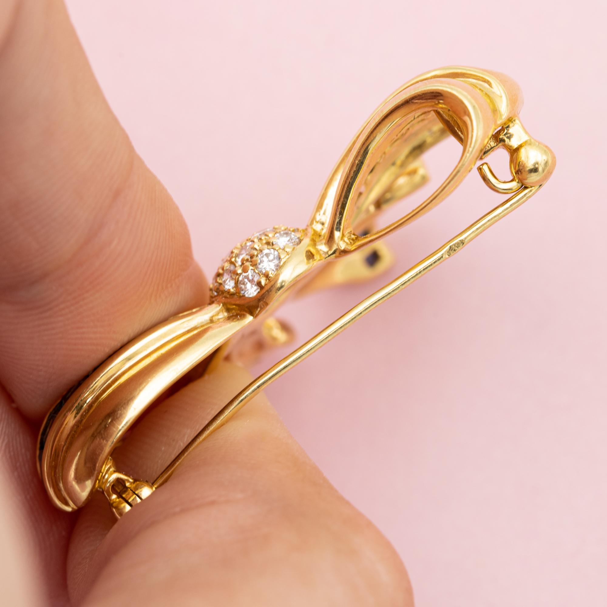French Heavy solid gold 18k bow Brooch - sapphire collar pin, authentic diamonds 5
