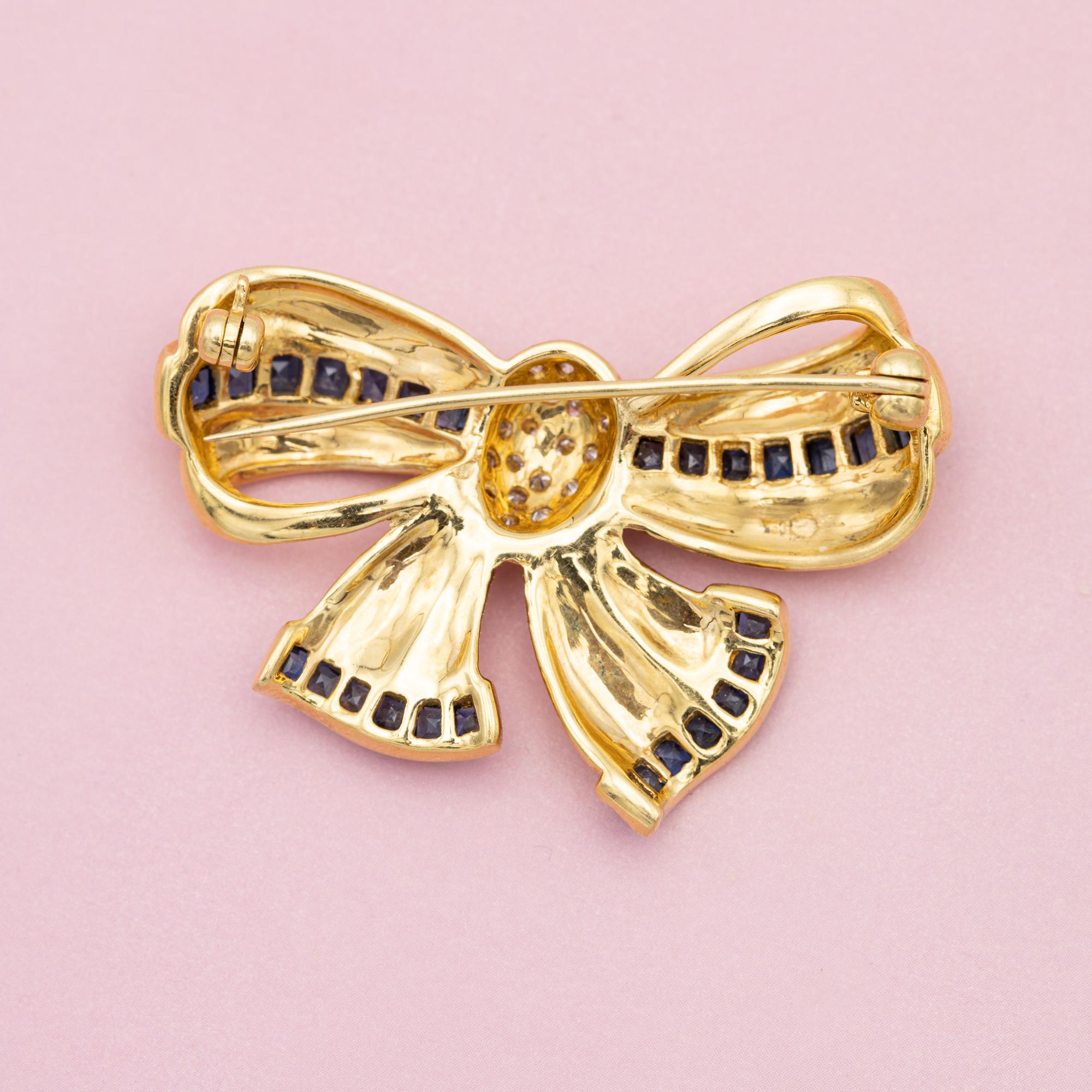 French Heavy solid gold 18k bow Brooch - sapphire collar pin, authentic diamonds 6