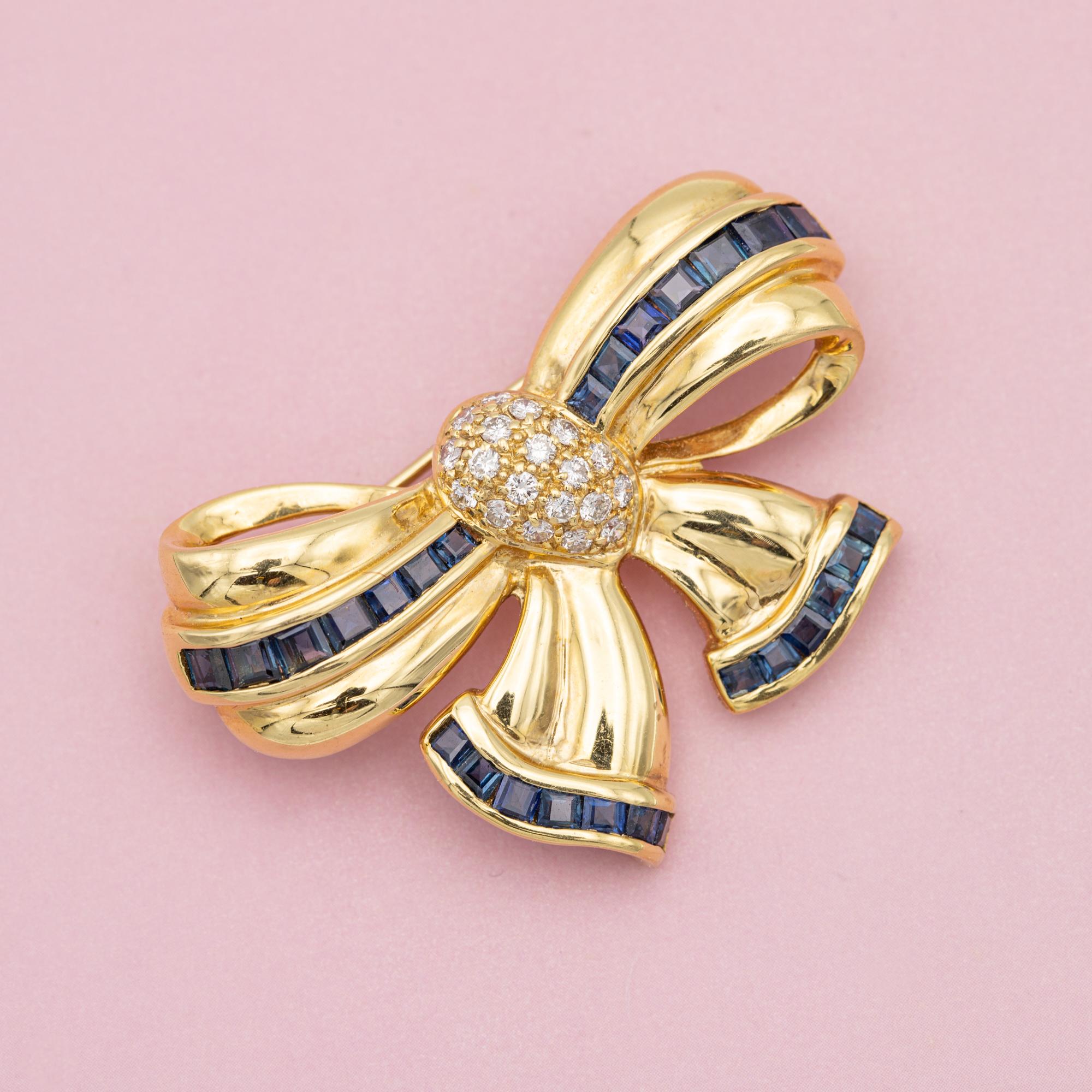 Brilliant Cut French Heavy solid gold 18k bow Brooch - sapphire collar pin, authentic diamonds