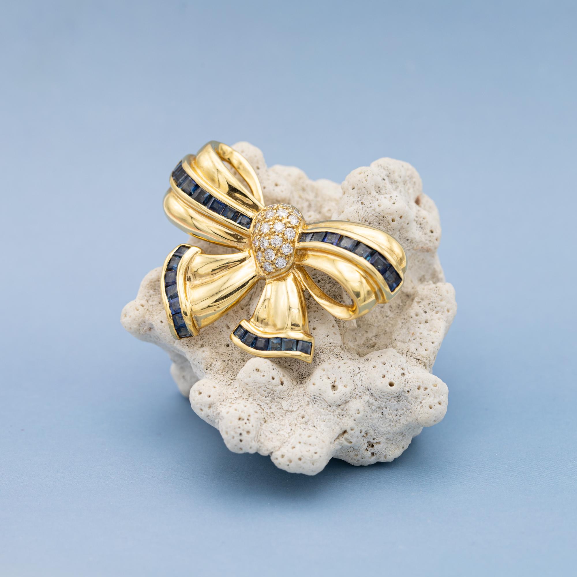 French Heavy solid gold 18k bow Brooch - sapphire collar pin, authentic diamonds 1