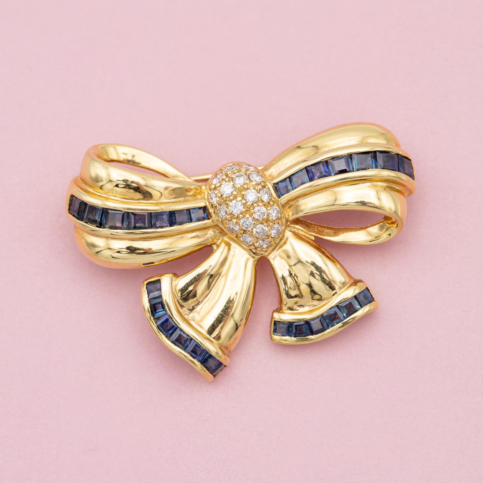 French Heavy solid gold 18k bow Brooch - sapphire collar pin, authentic diamonds 2