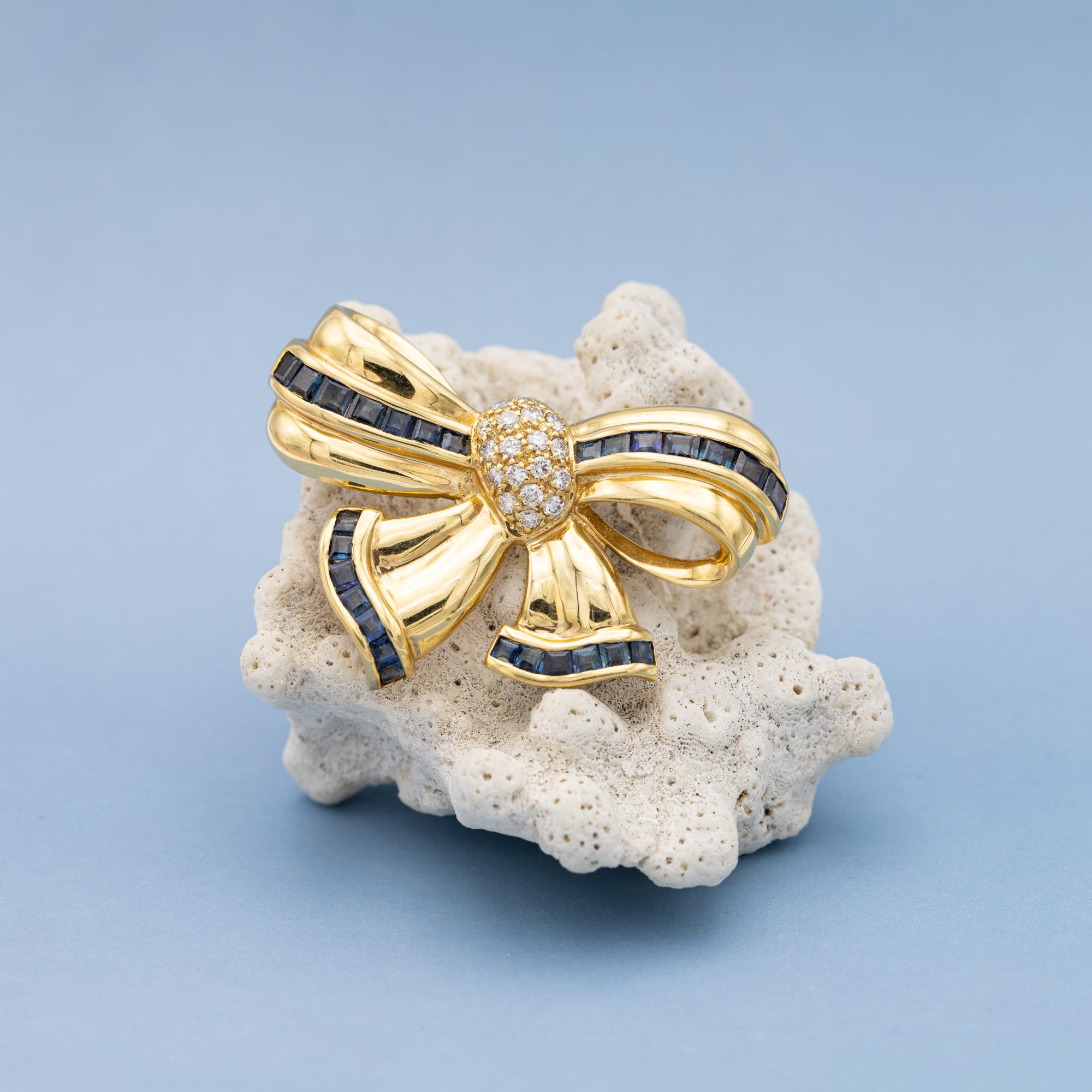 French Heavy solid gold 18k bow Brooch - sapphire collar pin, authentic diamonds 3