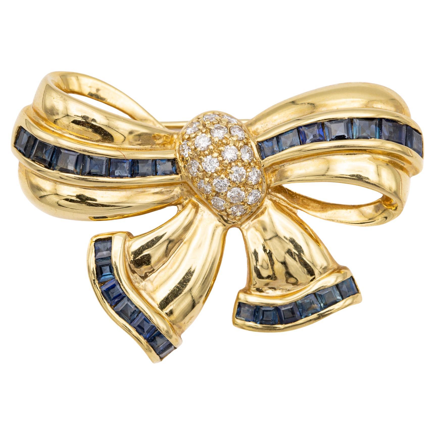 French Heavy solid gold 18k bow Brooch - sapphire collar pin, authentic diamonds