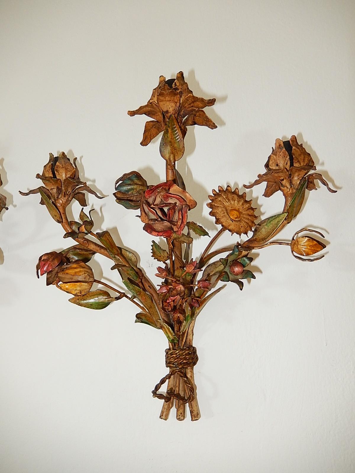 Early 20th Century French Heavy Vibrant Colours Flowers Tole Sconces, 1900s