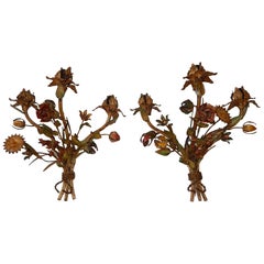 French Heavy Vibrant Colours Flowers Tole Sconces, 1900s