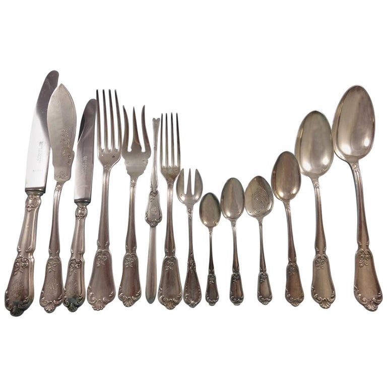 French Henin & Cie 950 Sterling Silver Flatware Set 12 Service France 165 Pieces For Sale