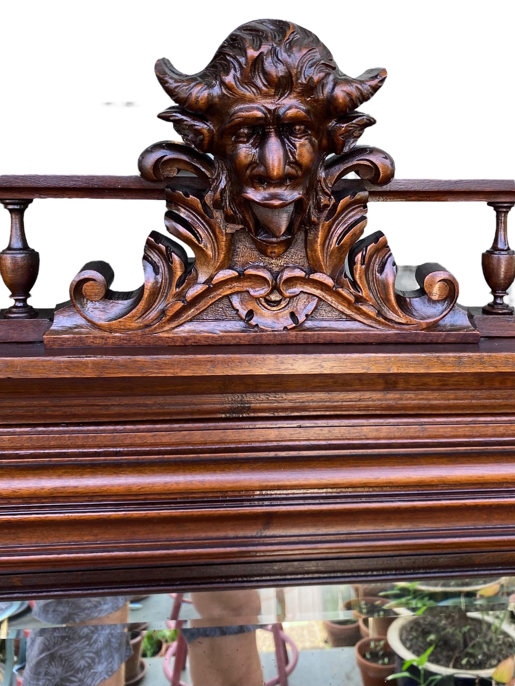Black Forest French Henri II Style Carved Walnut Overmantel Mirror, C. 1880 For Sale