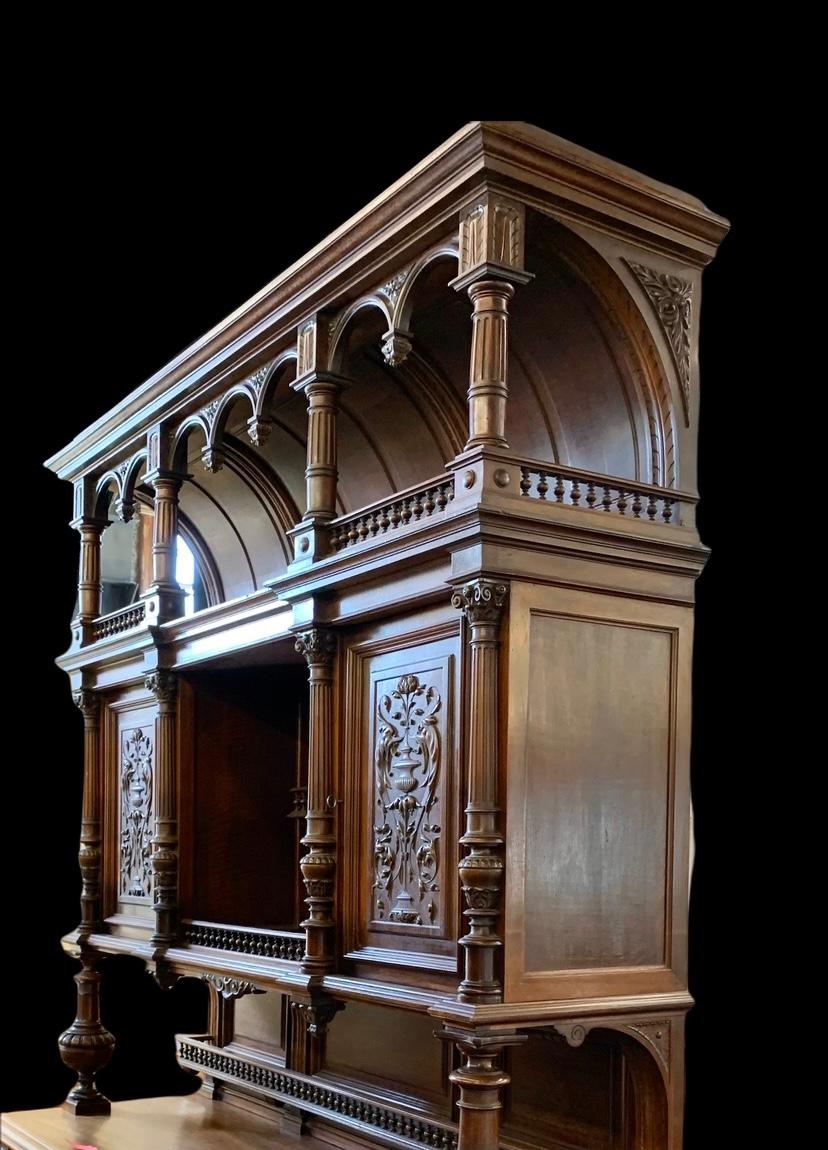 Late 19th Century French Henri II Style Hand Carved Walnut Buffet a Deux Corps c. 1880 For Sale