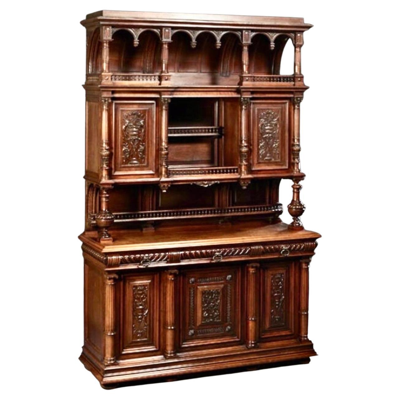 French Henri II Style Hand Carved Walnut Buffet a Deux Corps c. 1880 For Sale
