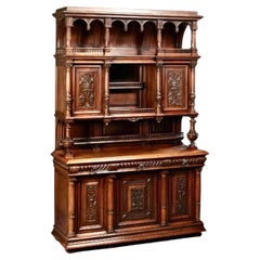 French Henri II Style Hand Carved Walnut Buffet a Deux Corps c. 1880