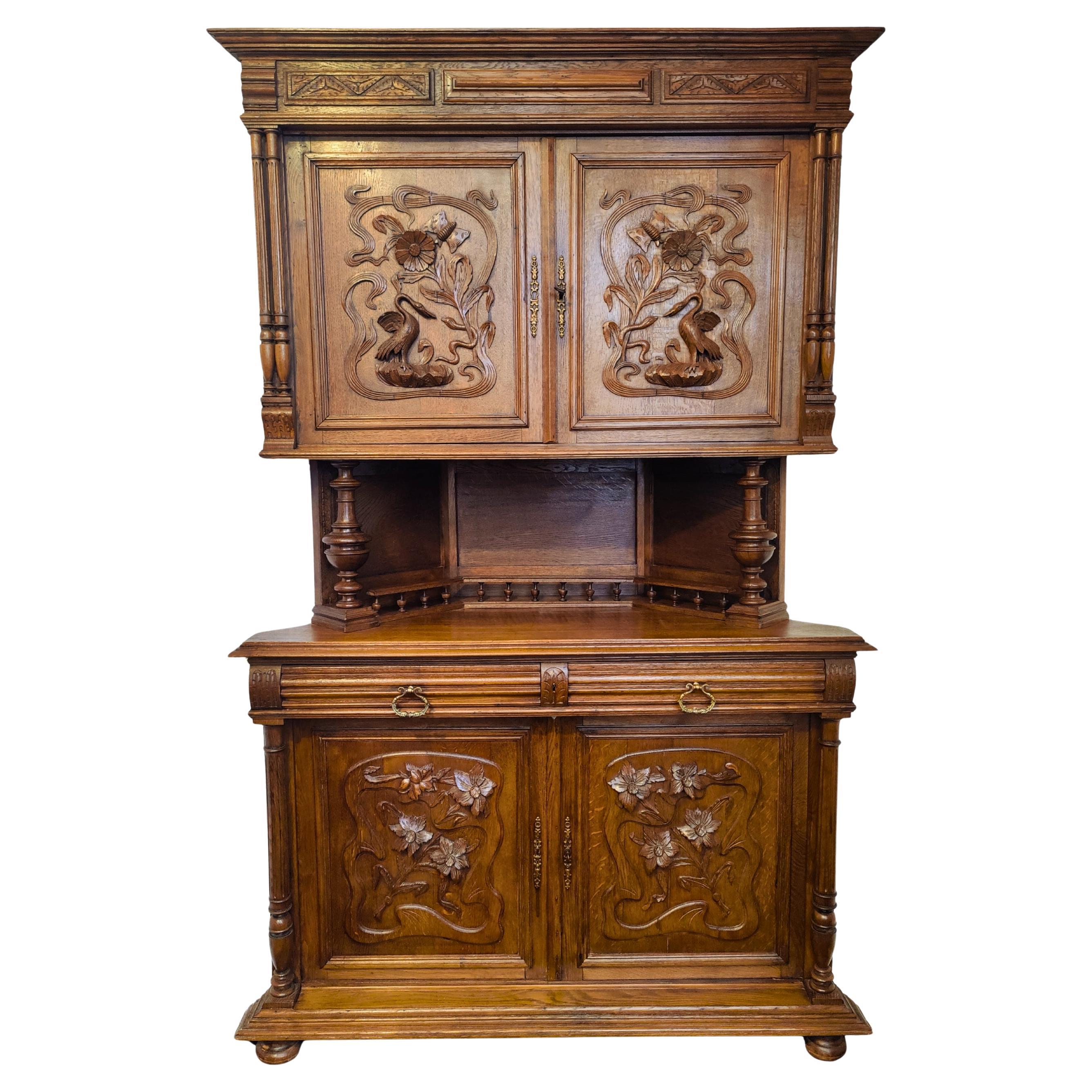 French Henri II Style Oak Corner Buffet with Carved Panels