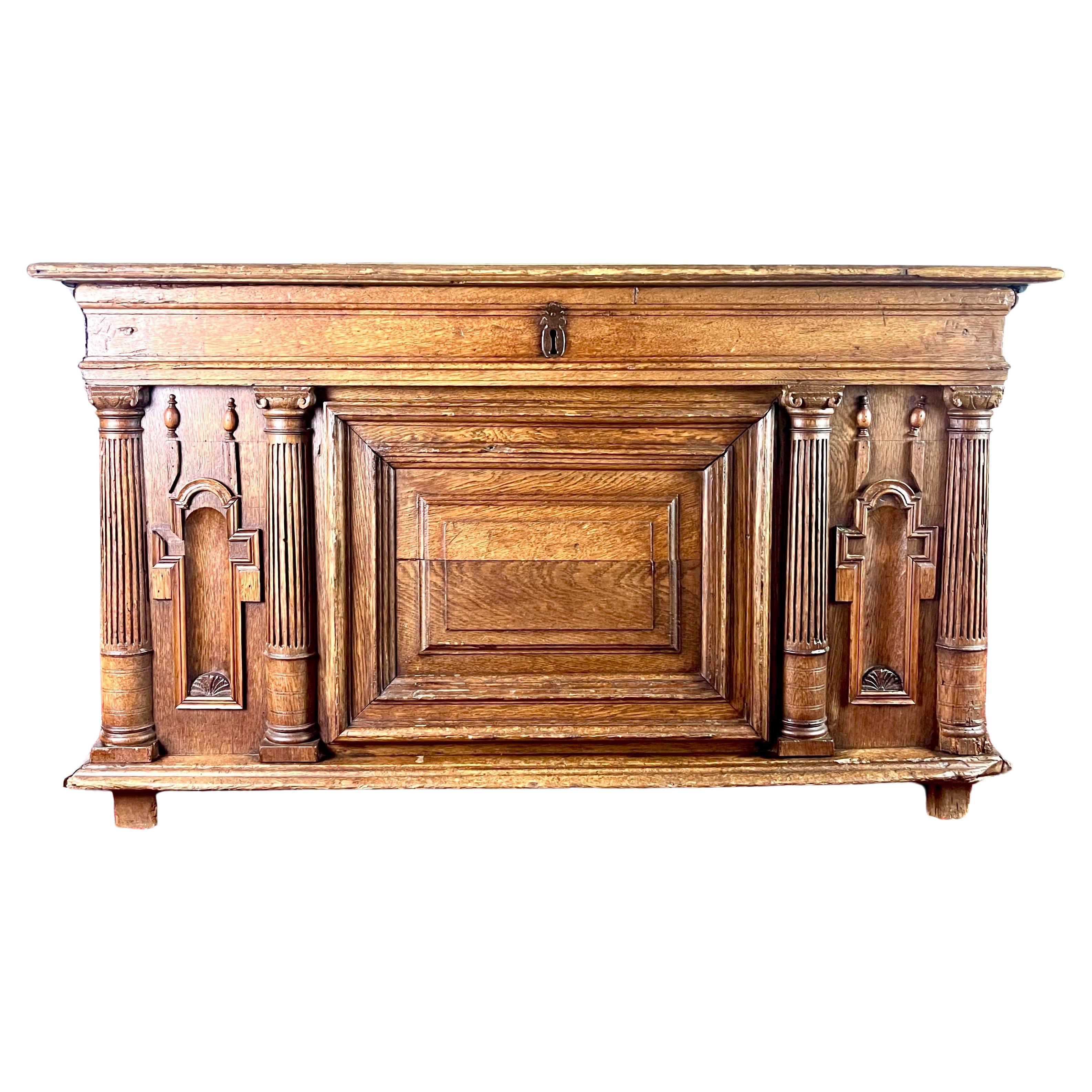 French Henri IV / Renaissance Chest Desk in carved wood 17th - France For Sale