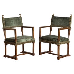 French Henry IV Style Walnut & Velvet Upholstered Fauteuils, mid 19th century