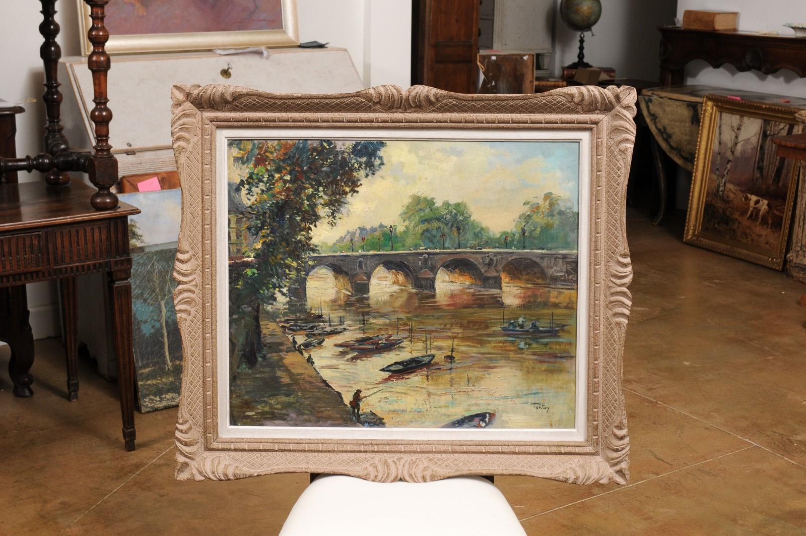Carved French Henri-Jean Pontoy Oil on Canvas Painting of the Pont Neuf over the Seine For Sale