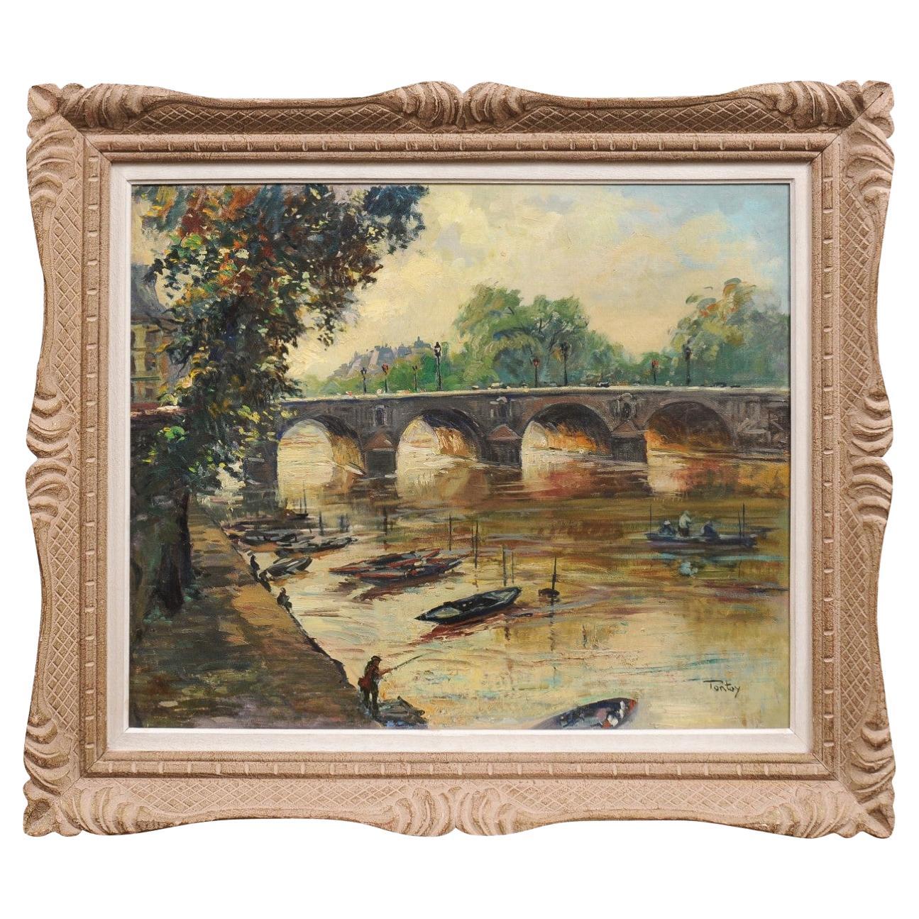 French Henri-Jean Pontoy Oil on Canvas Painting of the Pont Neuf over the Seine For Sale