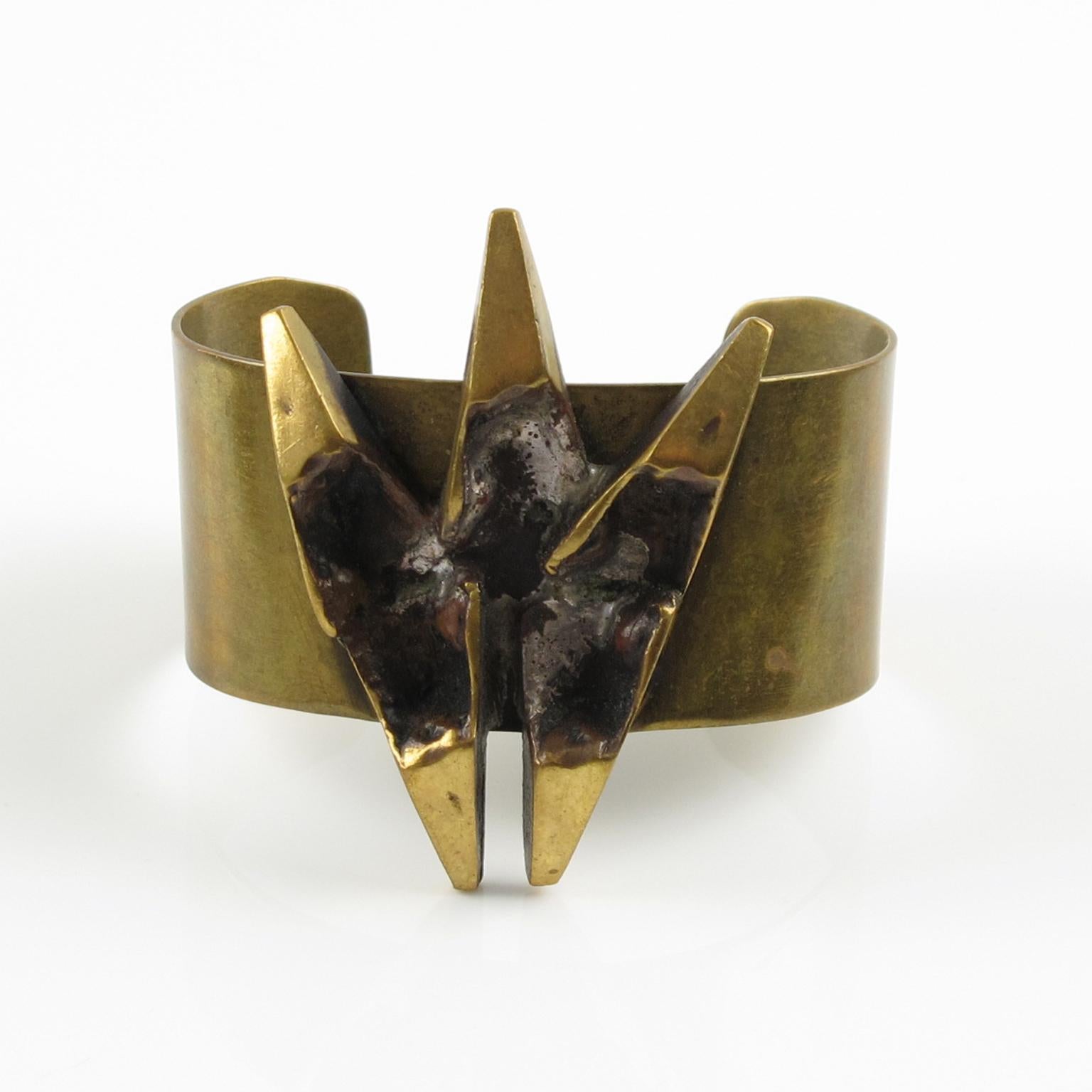 Modernist French Henri Nogaret Brutalist Bronze Cuff Bracelet For Sale