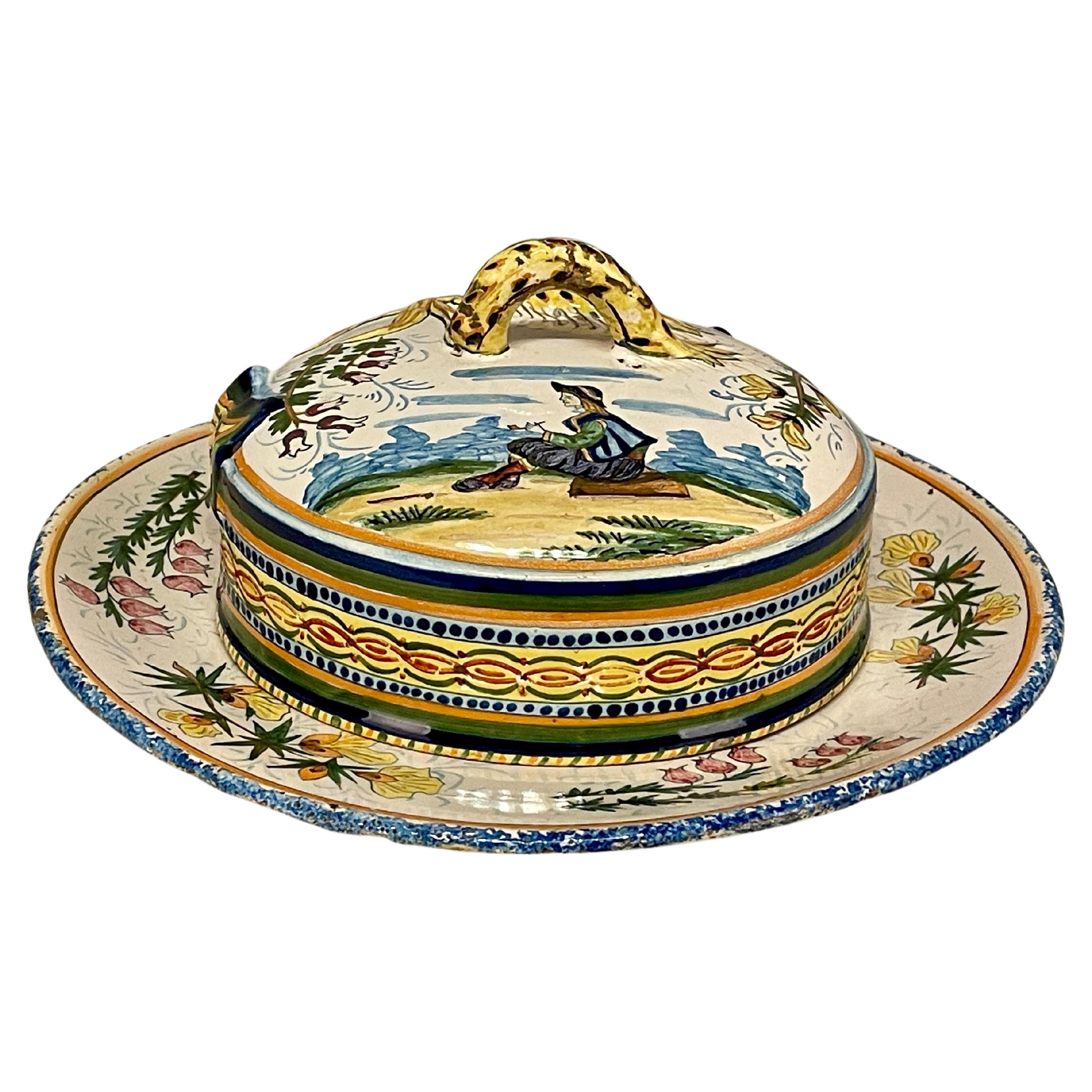 French Henriot Quimper Faience Butter Dish For Sale
