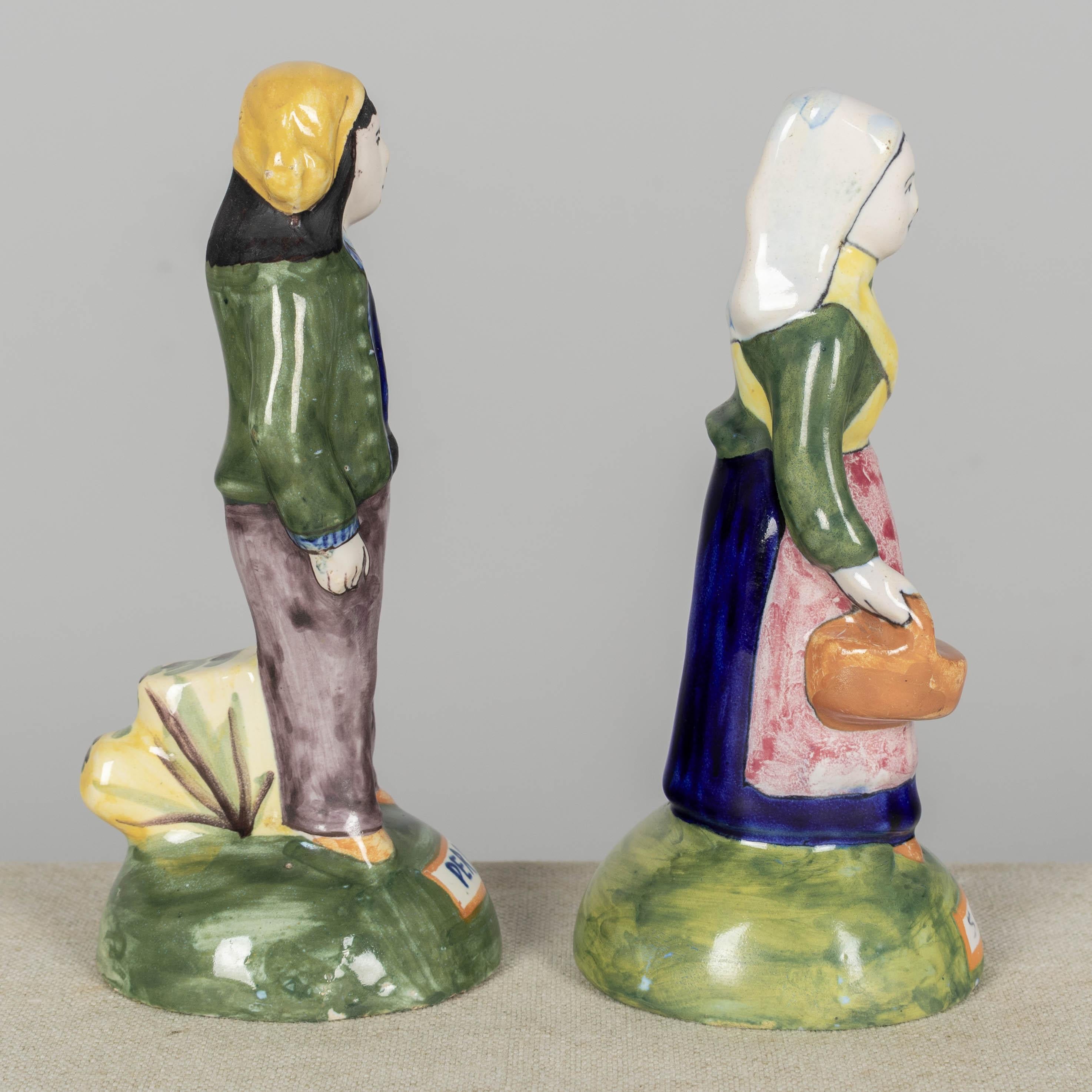 19th Century French Henriot Quimper Faience Figurines, a Pair For Sale