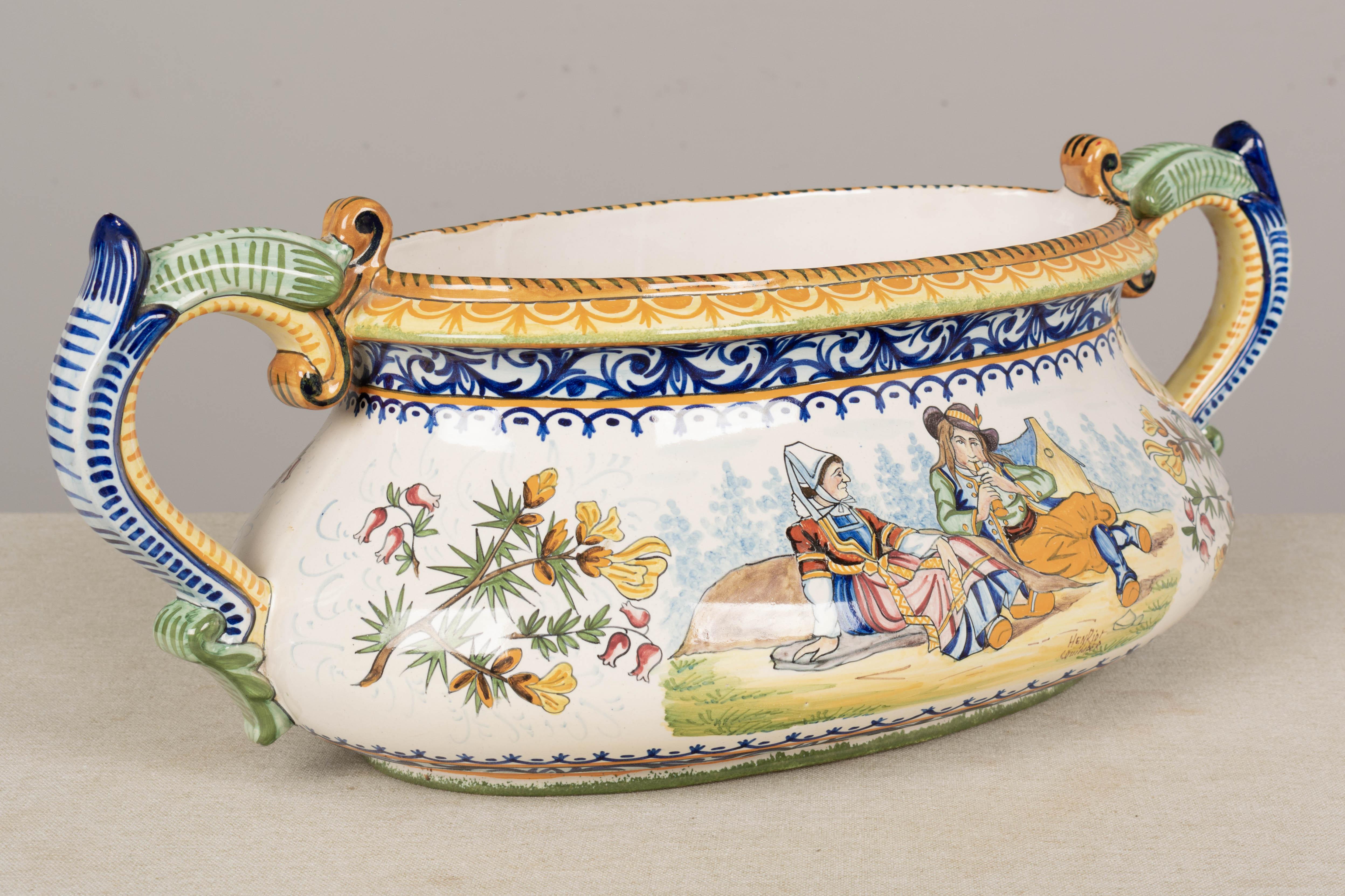 Hand-Painted French Henriot Quimper Faience Jardiniere For Sale