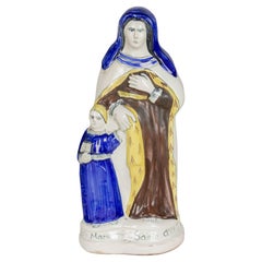 Antique French Henriot Quimper Faience Statue of Virgin Mary & St. Anne